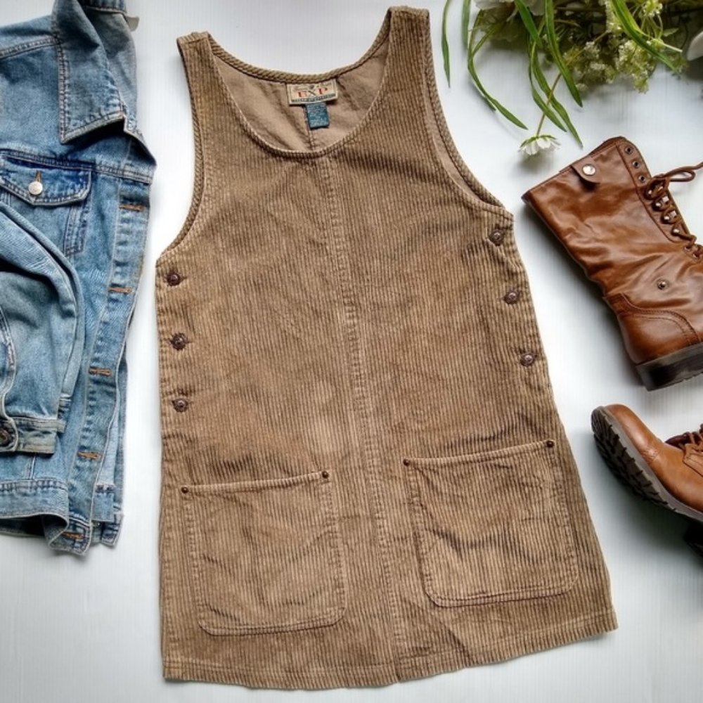 Vintage • tan corduroy mini button overall dress